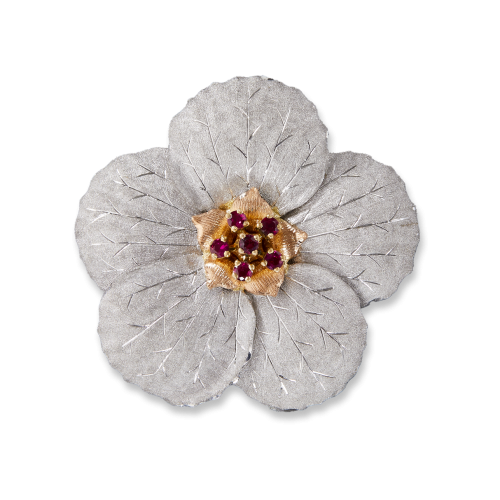 MAGNOLIA白金、玫瑰金和黄金镶红宝石胸针