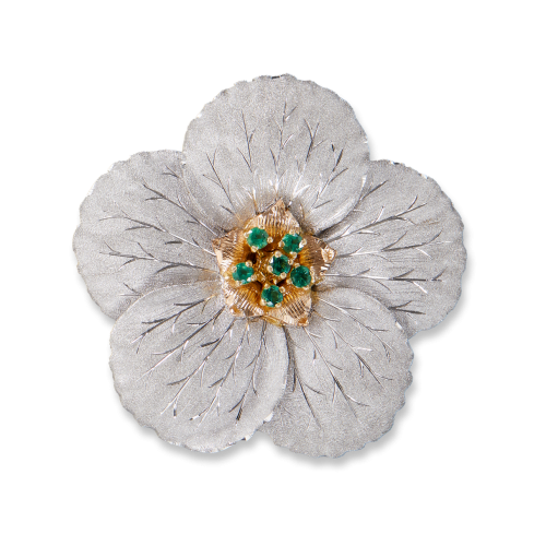 MAGNOLIA白金、玫瑰金和黄金镶祖母绿胸针