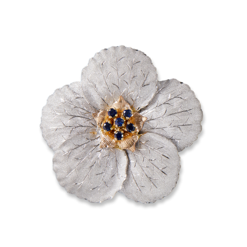 MAGNOLIA白金、玫瑰金和黄金镶蓝宝石胸针