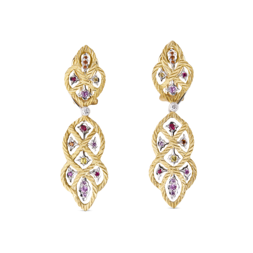 ÉTOILÉE COLOR 黄白金吊坠耳环，镶嵌锰铝榴石、红宝石与蓝宝石