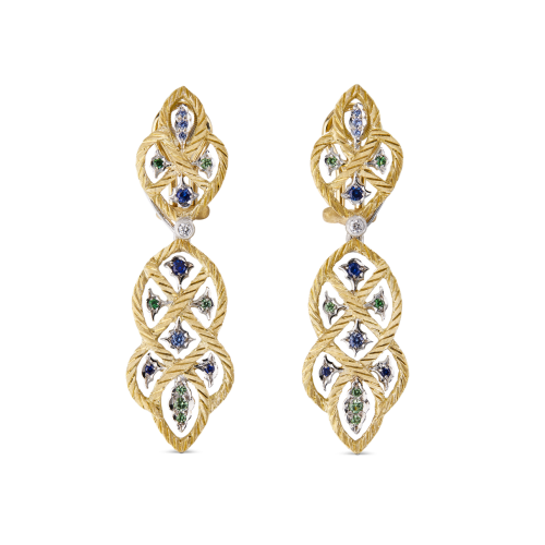 ÉTOILÉE COLOR 黄白金吊坠耳环，镶嵌沙弗莱石与蓝宝石