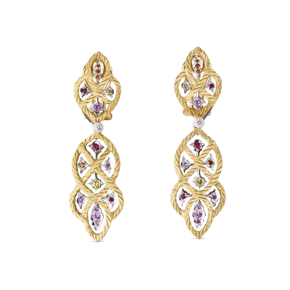 ÉTOILÉE COLOR 黄白金吊坠耳环,镶嵌锰铝榴石、红宝石与蓝宝石