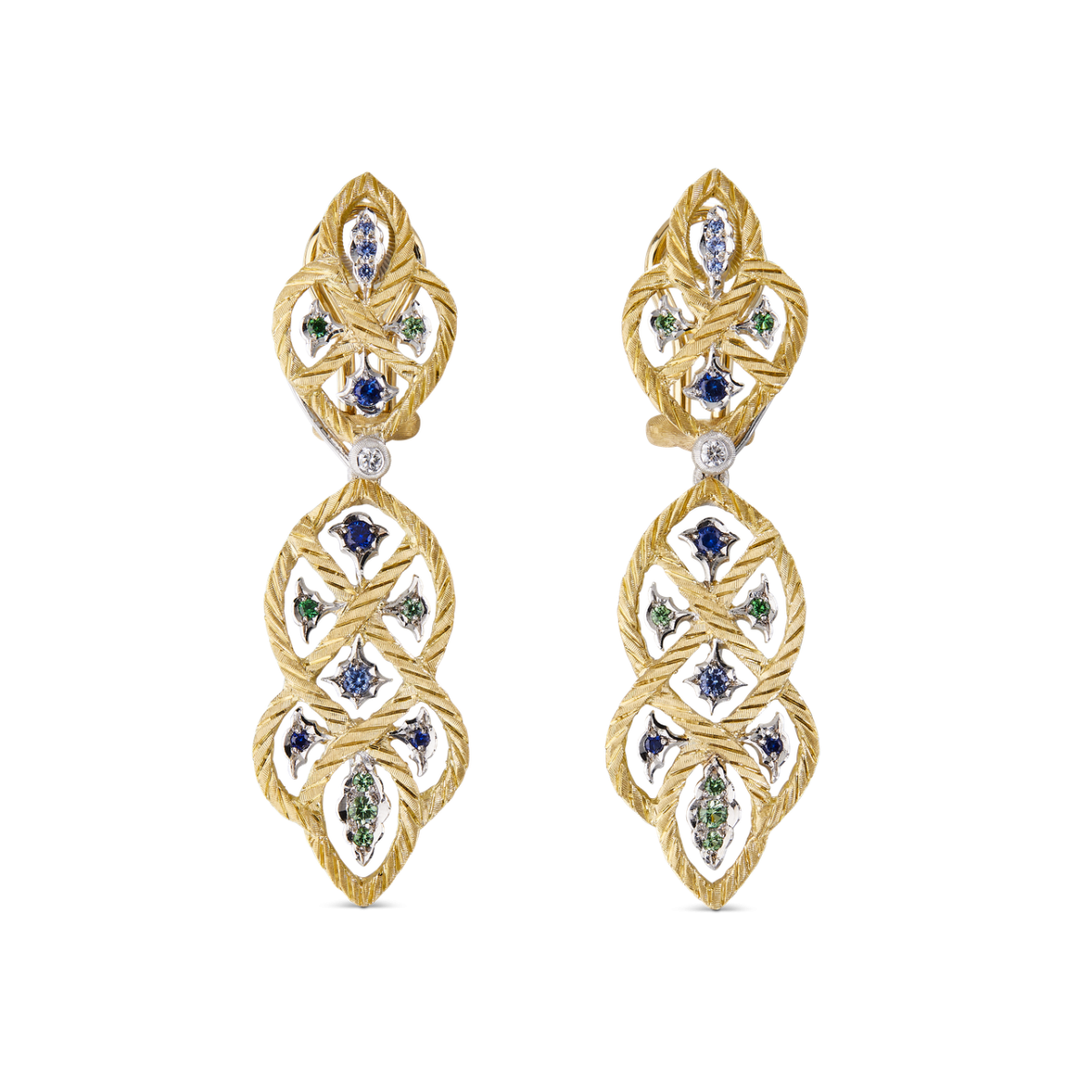 ÉTOILÉE COLOR 黄白金吊坠耳环,镶嵌沙弗莱石与蓝宝石